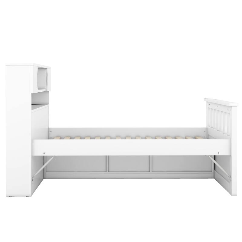 Twin Size Platform Bed Frame with Storage, Bookcase Headboard, Four Drawers, White