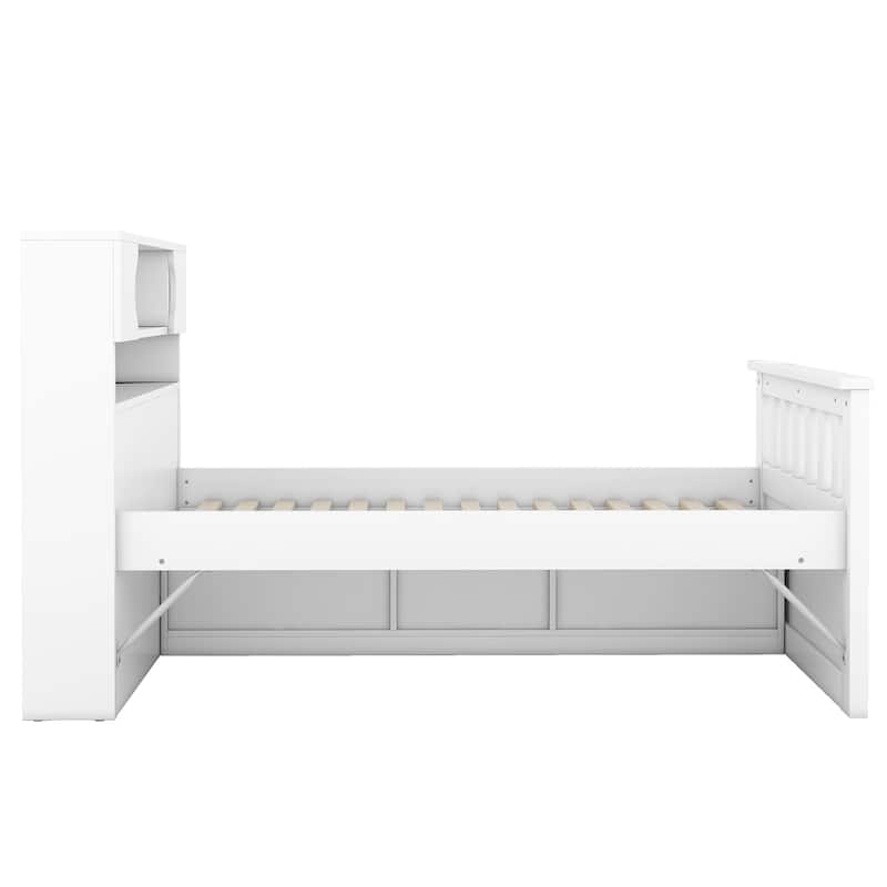 Twin Size Platform Bed with 4 Drawers, Bookcase Headboard, and Storage Shelves, Space-Saving Design, Sturdy and Quiet Frame
