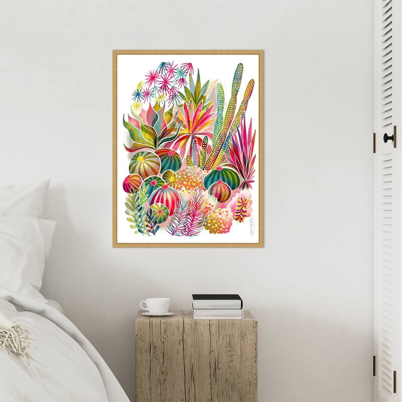 Flowering Succulent and Cacti Garden by Uta Krogmann Framed Canvas Wall Art Print - Sylvie Bright Gold
