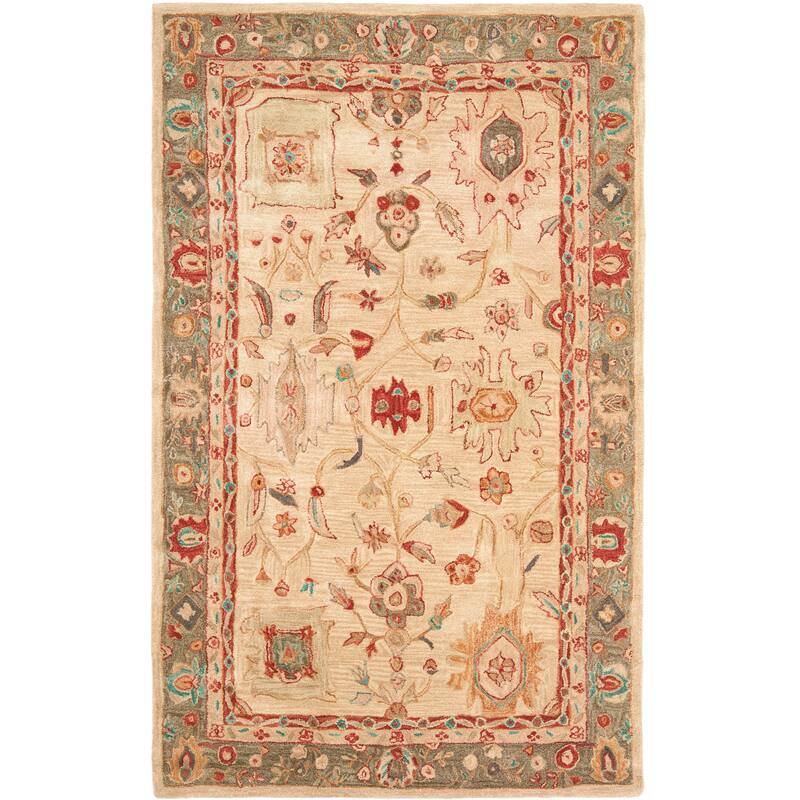 SAFAVIEH Handmade Anatolia Carol Traditional Oriental Hand-spun Wool Rug - 4' x 6' - Beige/Green