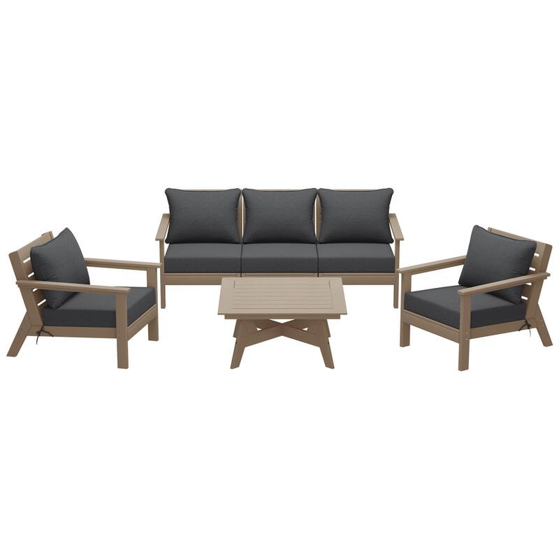 Birchwood All Weather HDPE Outdoor Patio Weathered Wood Deep Conversation Set (6-Piece Set)