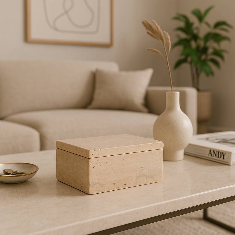 Travertine Decorative Box with Lid - Tan - 7.0"