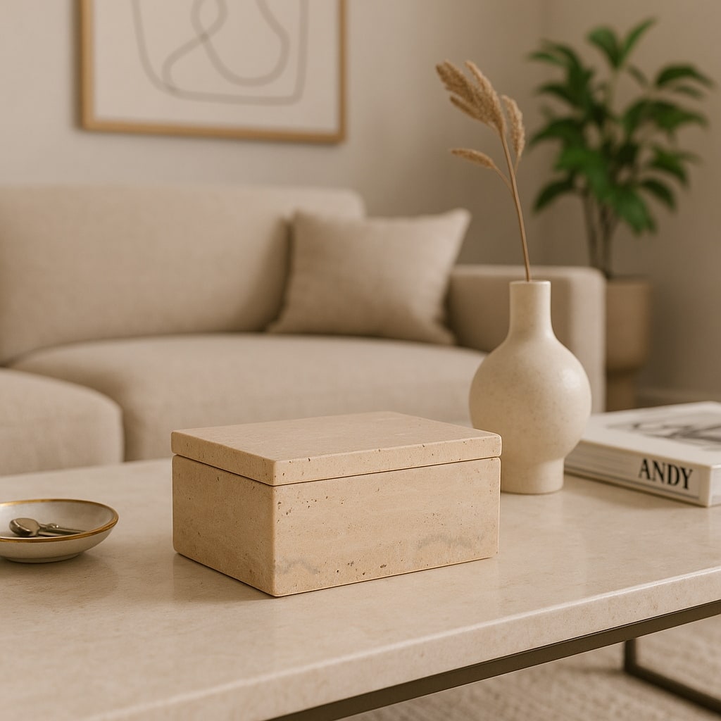 Travertine Decorative Box with Lid - Tan