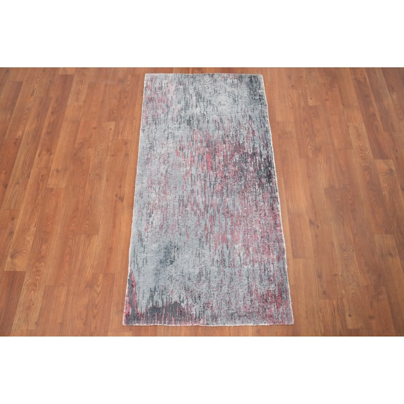 Hand Knotted Oriental Viscose Silk Carpet Modern All-Over Greys & Charcoal Abstract Area Rug - 4' 0'' X 2' 0''