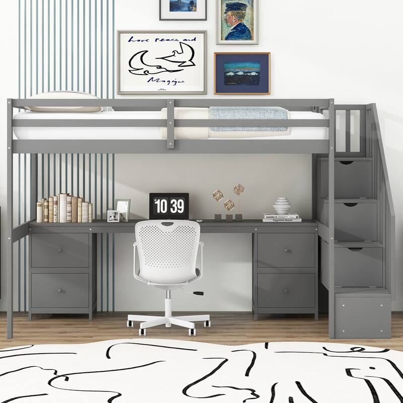 Gray Twin Size Solid Wood Loft Bed with Built-in Desk and Double Storage Drawers