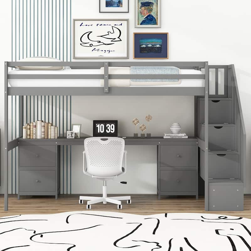 Twin Loft Bed with Built-in Desk and Double Storage Drawers, Gray