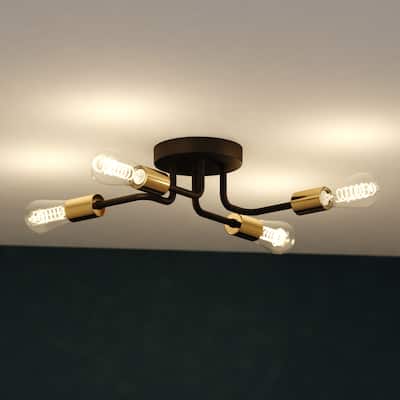 Rhine 15.75-in W LED Compatible Matte Black and Gold Brass Industrial Semi Flush Mount Ceiling Light Exposed Bulbs