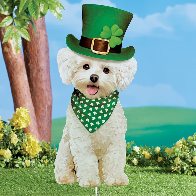 Realistic Bichon Frisé St. Patrick's Day Outdoor Garden Stake - 9.87 x 28.5 x 0.25 - Green - 9.87 x 28.5 x 0.25