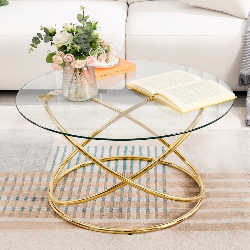 Tempered Glass Top Round Coffee Table with Metal Base