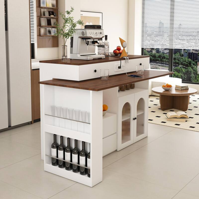 Kitchen Island with Extendable & Rotating Table, Kitchen Table with Power Outlet, 4 Drawers & Glass Door Cabinets