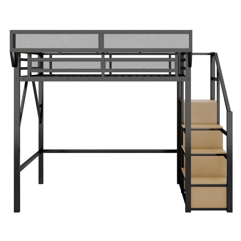 Metal Loft Bed with Wooden Stairs Built-in Storage Shelves and Wardrobe, High Loft Bed Frame with Side Grid Storage Rack