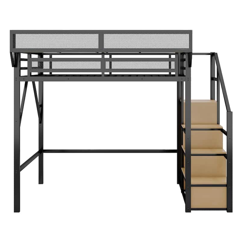 Metal Full Loft Bed with Storage Shelves Wardrobe & Stairs for Kids Teens - Black