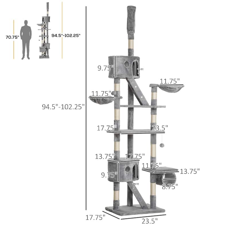 Adjustable Floor-to-Ceiling Cat Tree with Condos, Hammocks & Ladders - 23.6" L x 17.7" W x 94.5-102.4" H
