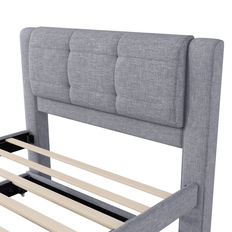 Full Size Upholstered Platform Bed with Adjustable Trundle, Gray