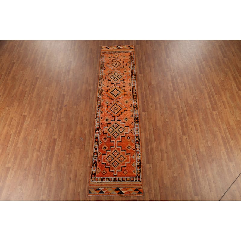 Orange / Geometric Oushak Vintage Runner Rug Handmade Wool Carpet - 2'8"x 11'4"