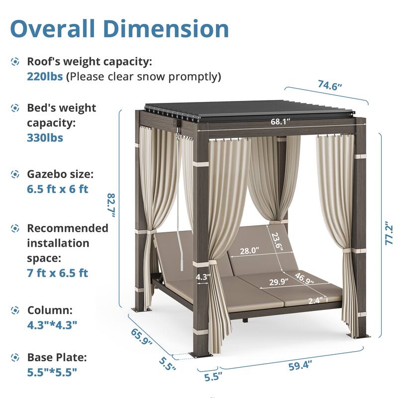 Outdoor Patio Daybed With Canopy, Double Chaise Lounge Sunbed With Adjustable Seats, Aluminum Outdoor Patio Sunbed For Garden