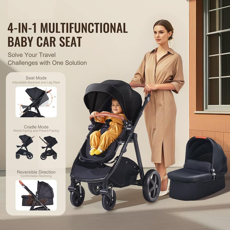Oxford Aluminum Stroller with Bassinet and Adjustable Canopy - 35.4” L x 25.8” W x 43.9” H