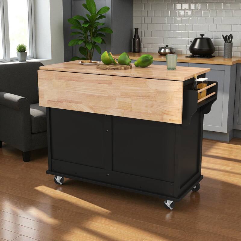 52" Kitchen Island Cart with Rubber Wood Drop Leaf, Hidden Sliding Barn Door, Storage Cabinet & Drawers on Wheels