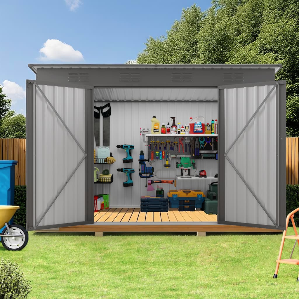 4 x 9 FT Outdoor Storage Shed,Metal Garden Shed Tool House with Sloping Roof,6 vents and 2 Swing Doors,Gray