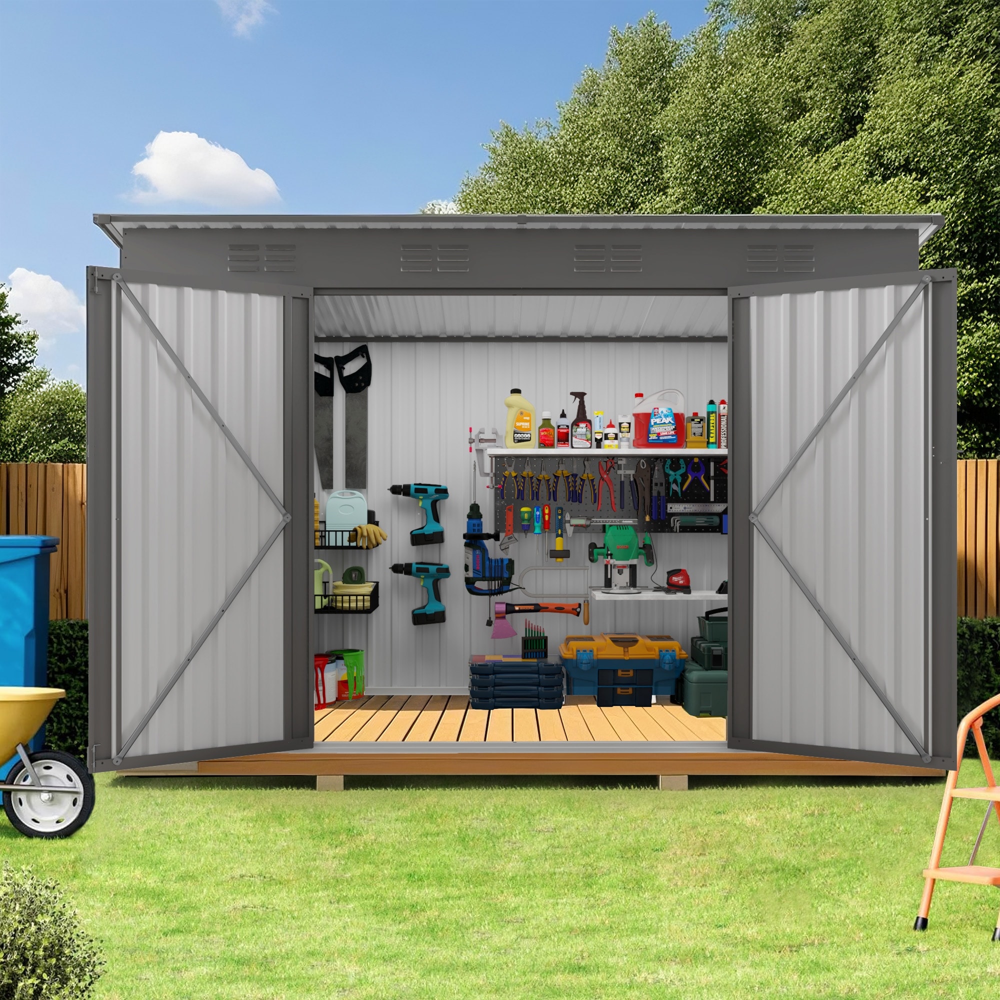4 x 9 FT Outdoor Storage Shed,Metal Garden Shed Tool House with Sloping Roof,6 vents and 2 Swing Doors,Gray