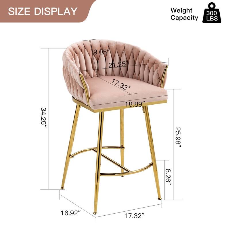 (Set of 1) 26" Velvet Counter Height Bar Stool with Wave Back, Golden Chrome Base and Footrest