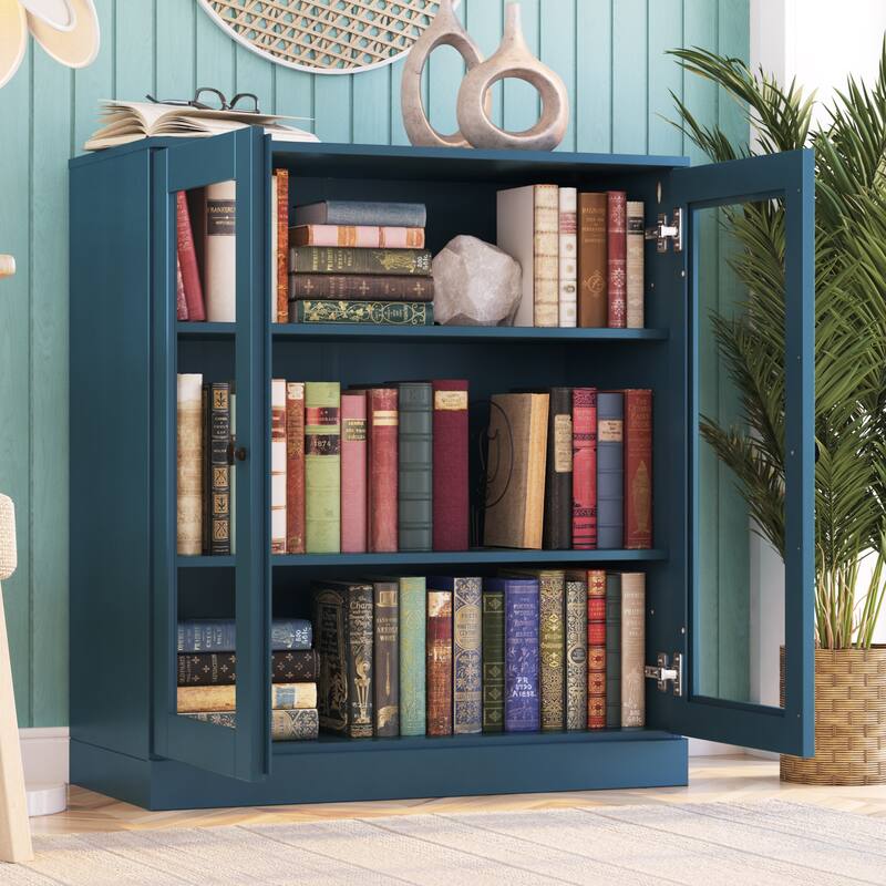 Palace Imports 100% Solid Wood 3-Shelf Bookcase, Clear Glass Doors, Adjustable Shelves, 32" Wide, 35.75" Tall