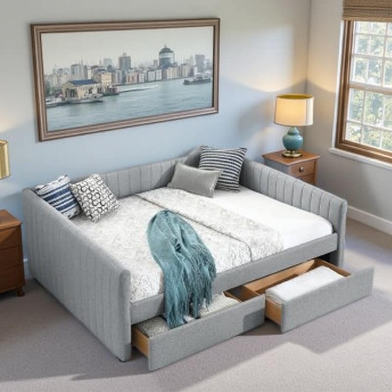 Queen Upholstered Daybed with Trundle & 2 Storage Drawers, Vertical Stripe Linen Fabric, Multi-Functional Sofa Bed Design