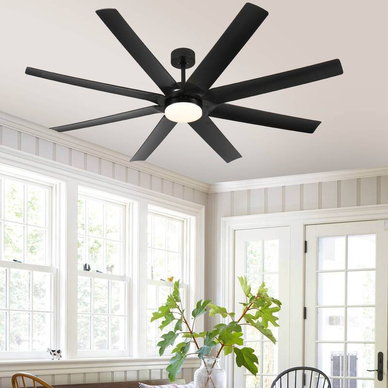 72 Inch Industrial DC Motor Ceiling Fan with light, Large Ceiling Fan with 8 Reversible Blades, 3 Downrods - Black