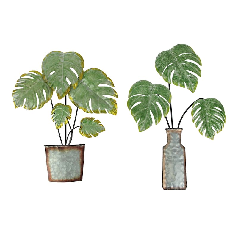 Zeckos Metal Tropical Monstera Potted Plant Wall Sculptures (Set Of 2)