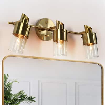 Modern Gold 3-Light Linear Bathroom Vanity Light Clear Glass Wall Lighting - 19.5" L x 6.5" W x 8" H