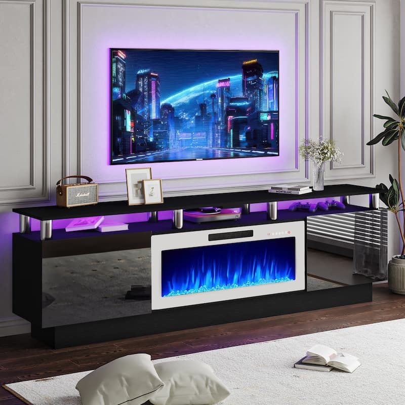 BOSSIN 80" TV Stand Entertainment Center with 36" Electric Fireplace, for TVs up to 90", High Gloss Cabinet with LED Light - New Black