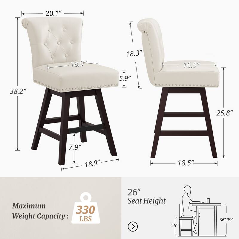 26 in. Set of 2 Bar Stools Counter Height Barstool 360° Swivel with Curved Backrest