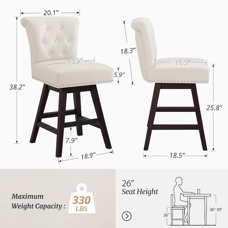 26 in. Set of 3 Upholstered Bar Stools Counter Height Barstool 360° Swivel with Curved Backrest, Armless Stool