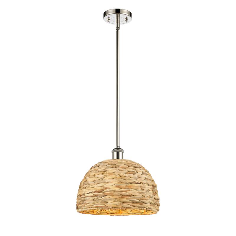 Innovations Lighting Woven Rattan - 1 Light 12" Stem Hung Pendant - Polished Nickel/Natural Rattan