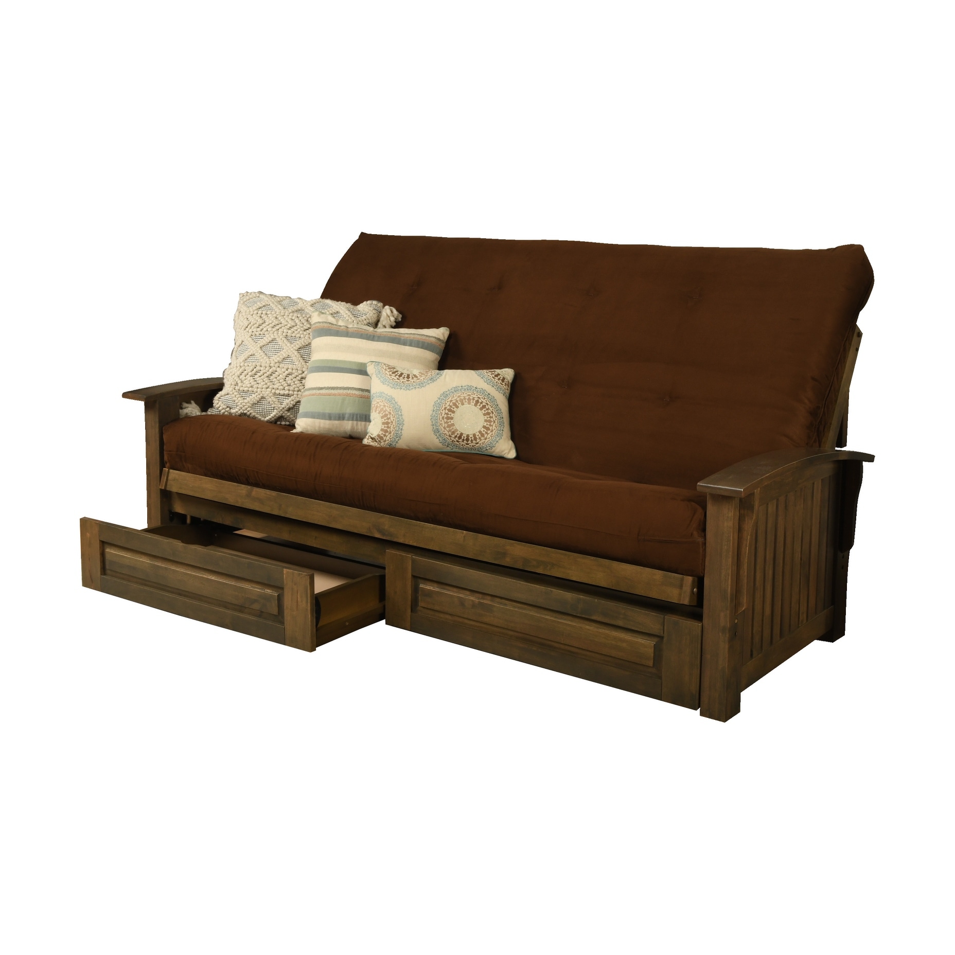 Brown futon sofa with wood frame and decorative pillows, two built-in drawers