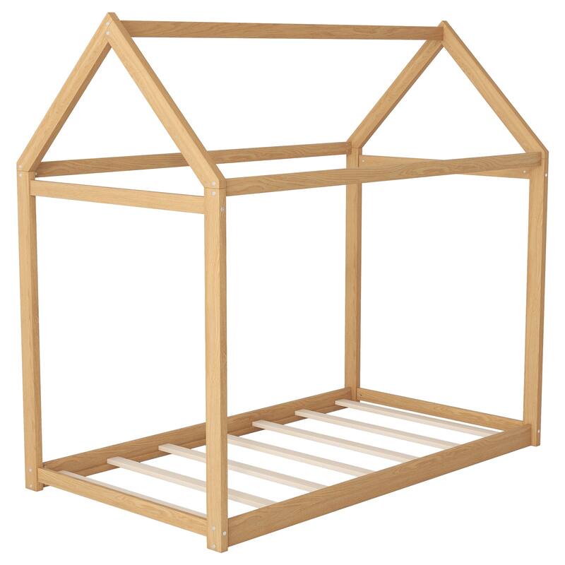 Twin Size Wooden House Bed in Natural Wood Finish
