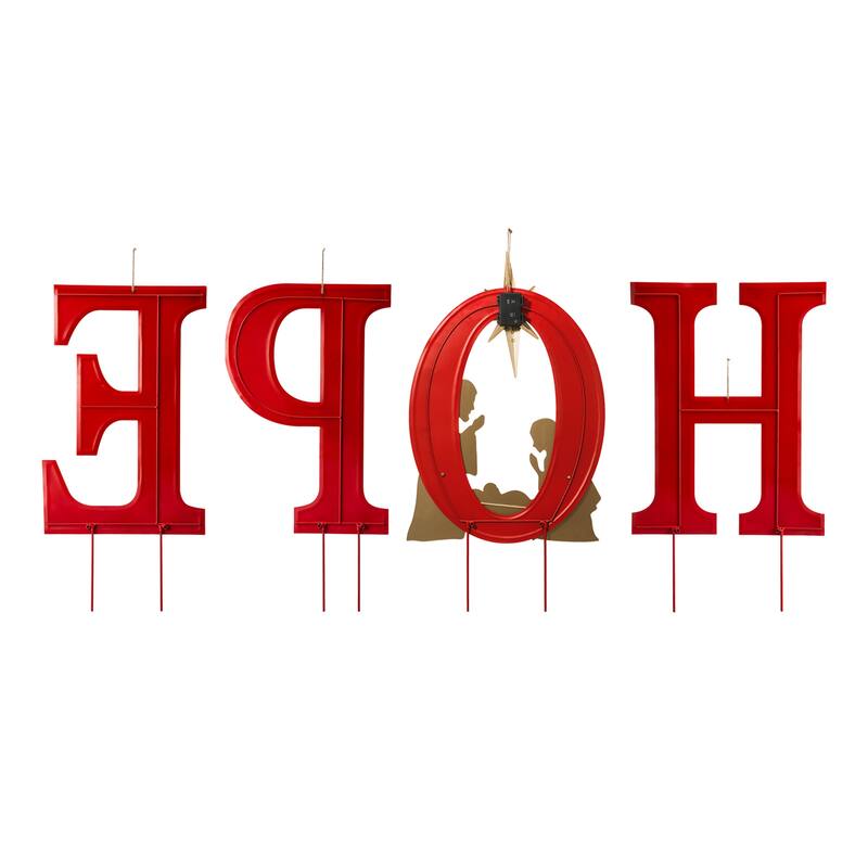 Glitzhome 32"H Lighted Metal HOPE Yard Stake Wall Decor with Timer (3 Functions) - Red