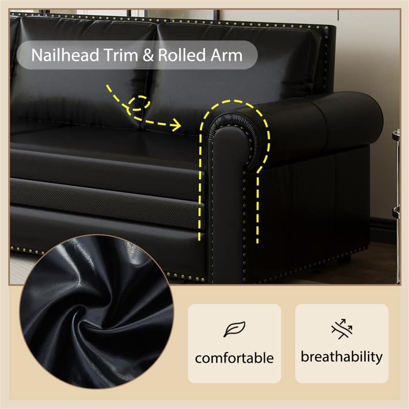3-in-1 King Pull Out Sofa Bed Chesterfield Sofa, Velvet/Faux Leather Convertible Sleeper Sofa with Nailhead Trim & Rolled Arm