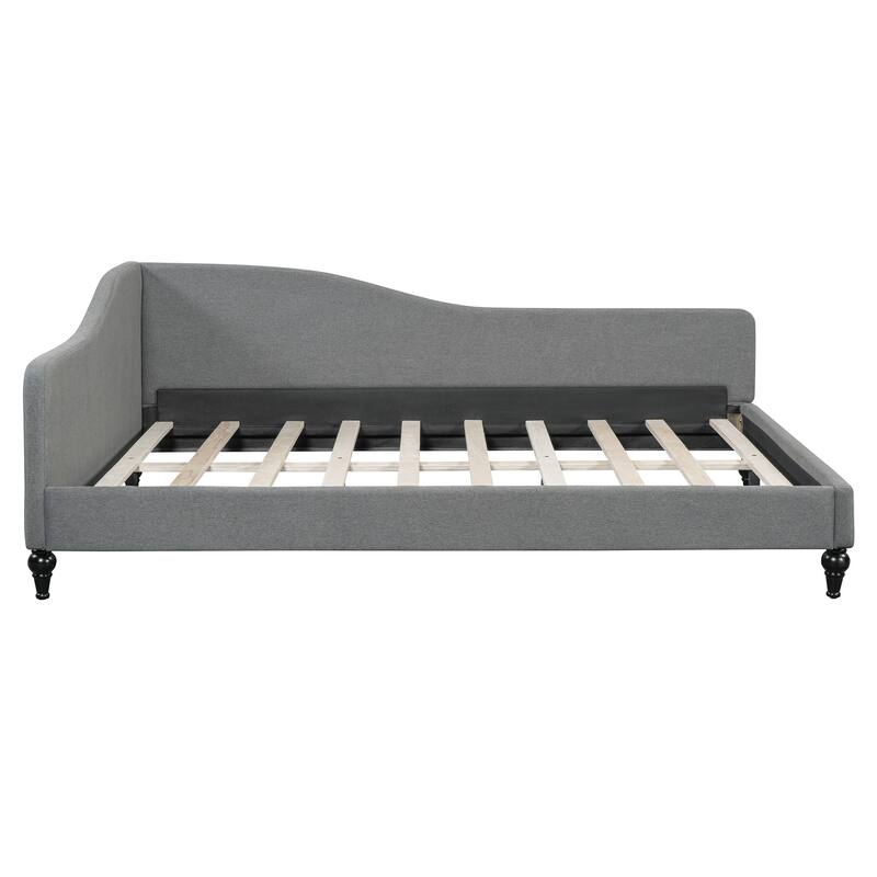 Twin/Full Size Upholstered Daybed, Linen Fabric Sofa Bed with Solid Wood Legs and L Shaped Backrest, Solid Wood Bedframe
