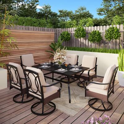 7-Piece Metal E-coating Patio Dining Set of 6 Swivel Chairs Framed E-Coating Steel and Rattan with Deep-seating