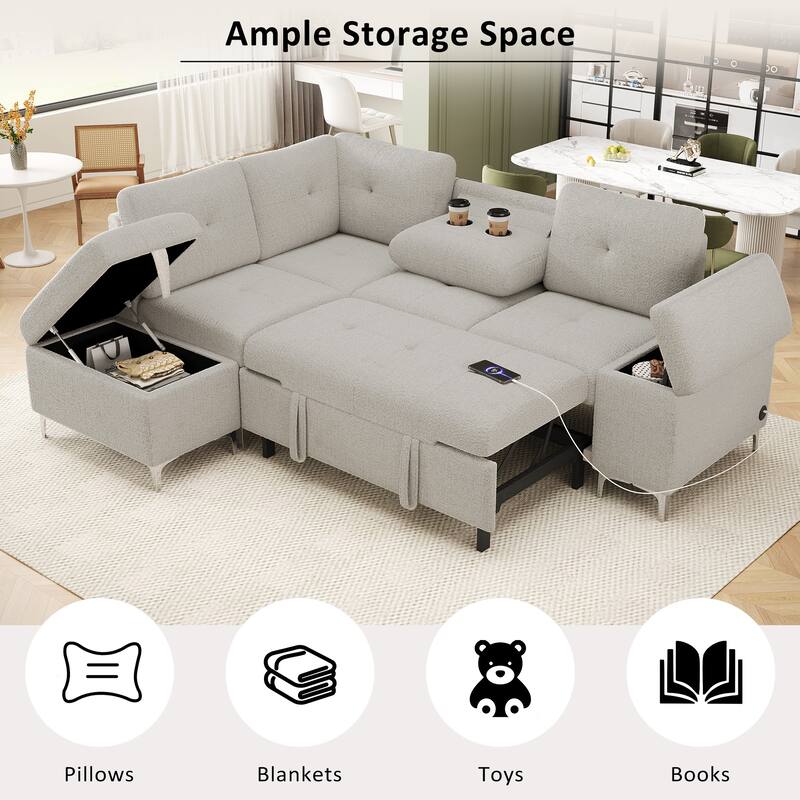 88.2" L-Shaped Upholstered Sofa with Ample Storage Space, Two Cup Holders and Two USB Ports