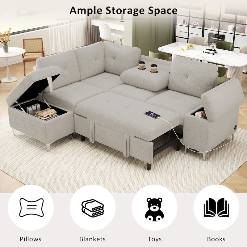 Innovative L-Shaped Convertible Sofa Bed with Ample Storage, USB Ports, and Retractable Backrest