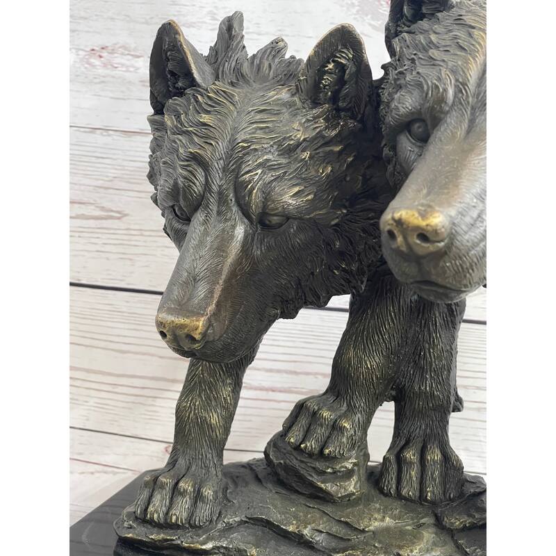 Dual Imitative Wolf Bust Sculpture Statue Two Wolves Bronze Metal Decor Signed Original