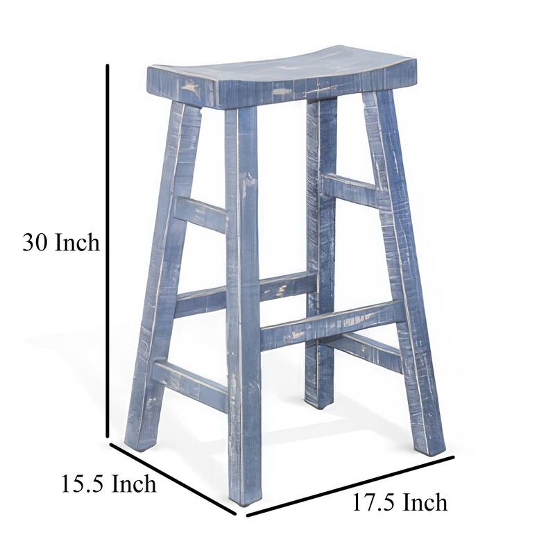 Rena Barstool Set of 2, Saddle Style Seat, Ocean Blue Mahogany Wood