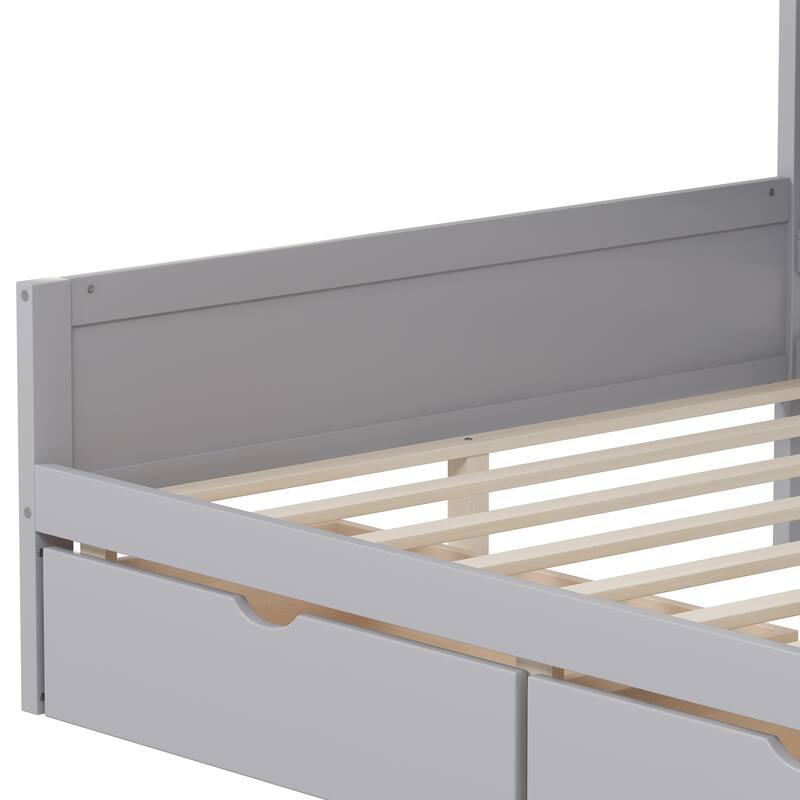 Full Size Daybed with Storage 3 Cabinets and 2 Drawers, Wooden L-Shape Daybed Frame with Study Desk and Built-in Bookshelf