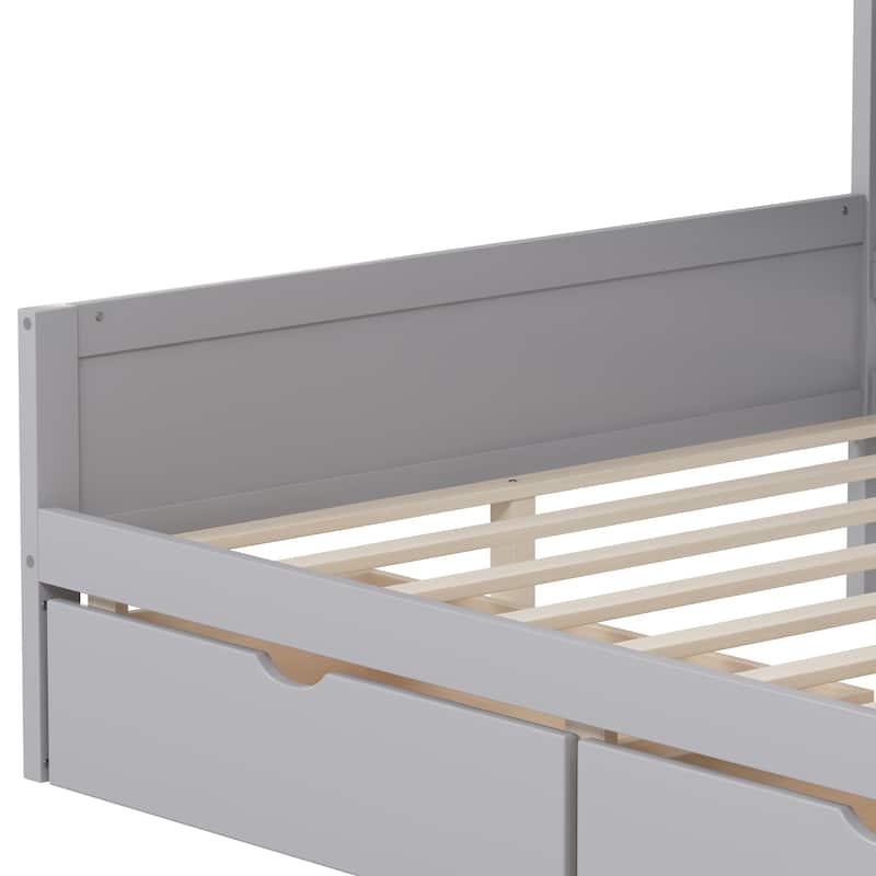 Multi-functional Daybed Wooden Platform Bed with Side Storage Cabinets and 2 Storage Drawers Underneath, Integrated Bookshelf