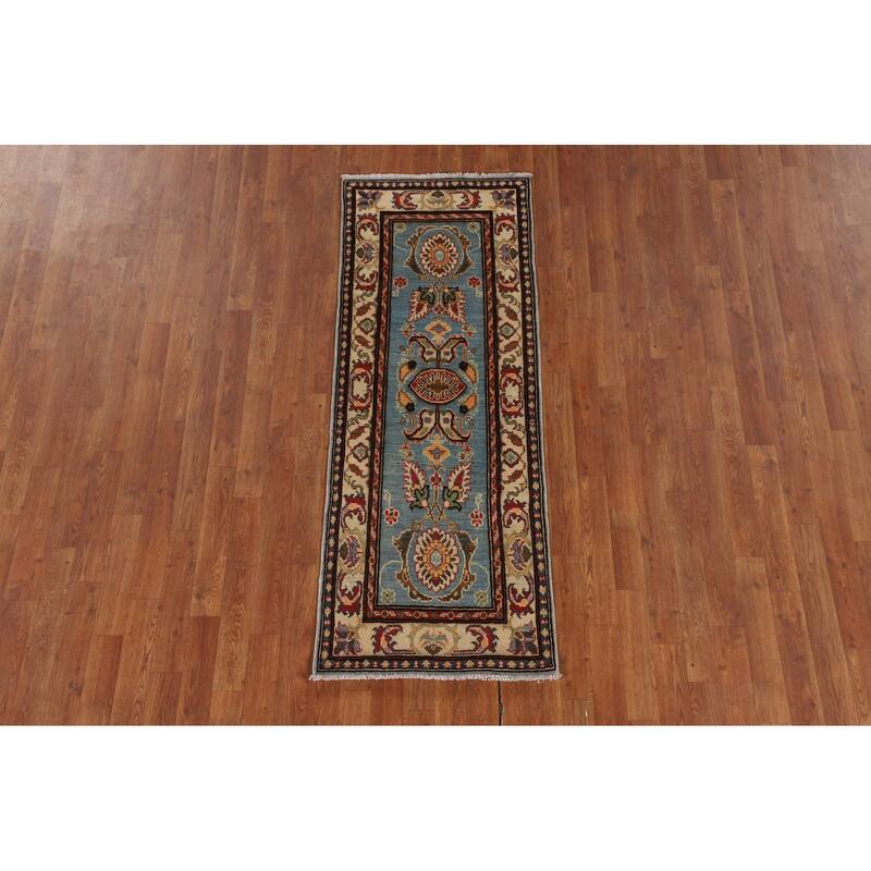 Light Blue Kazak Oriental Runner Rug Hallway Handmade Wool Carpet - 2'1" x 5'7"