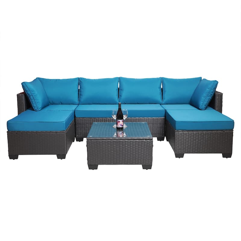 Outdoor Garden Patio Furniture 7-Piece PE Rattan Wicker Cushioned Sofa Sets with 2 Pillows and Coffee Table