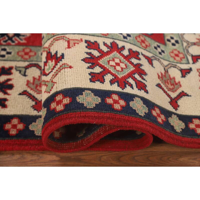 Geometric Kazak Area Rug Handmade Red Wool Carpet - 5'1" x 6'8"