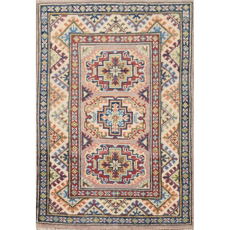Geometric Kazak Oriental Accent Rug Hand-Knotted Brown Wool Carpet - 2'1" x 2'10"
